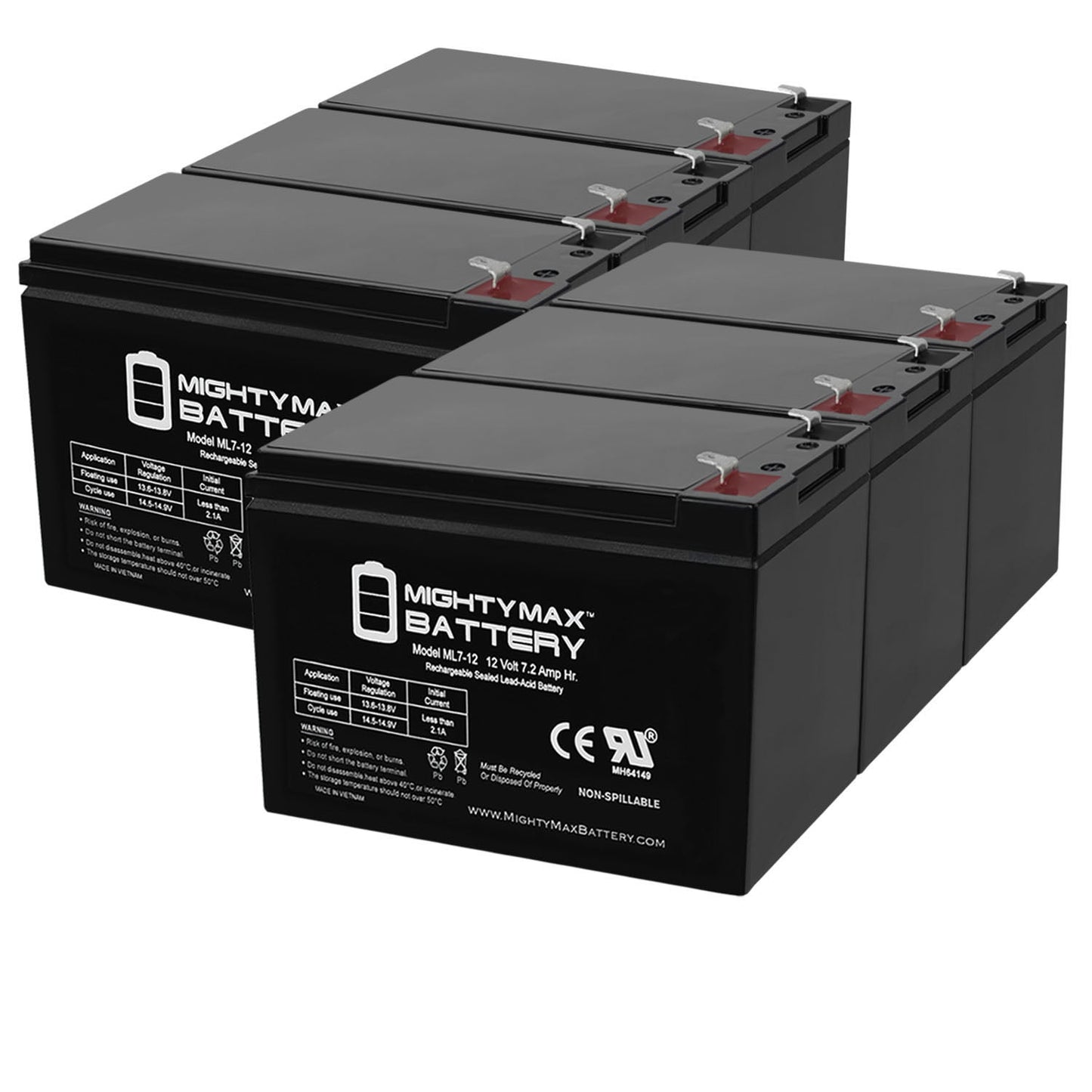 12 Volt 7ah Rechargeable Battery with F1 (.187) Terminals - 6 Pack