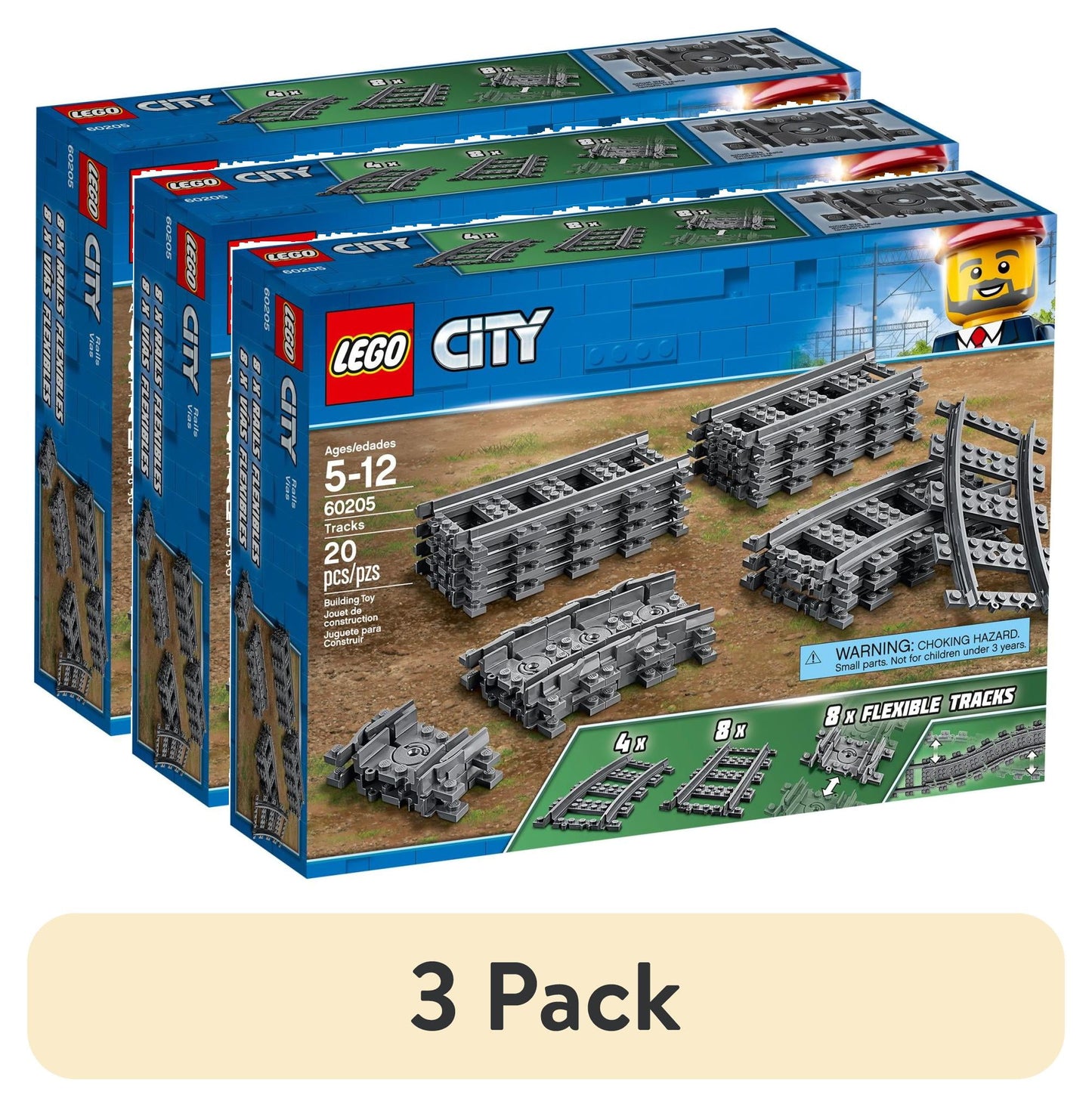 (3 pack) LEGO City Tracks 60205 - 20 Pieces Extension Accessory Set, Train Track and Railway Expansion, Compatible with LEGO City Sets, Building Toy for Kids, Great Gift for Train and LEGO City Enthusiasts